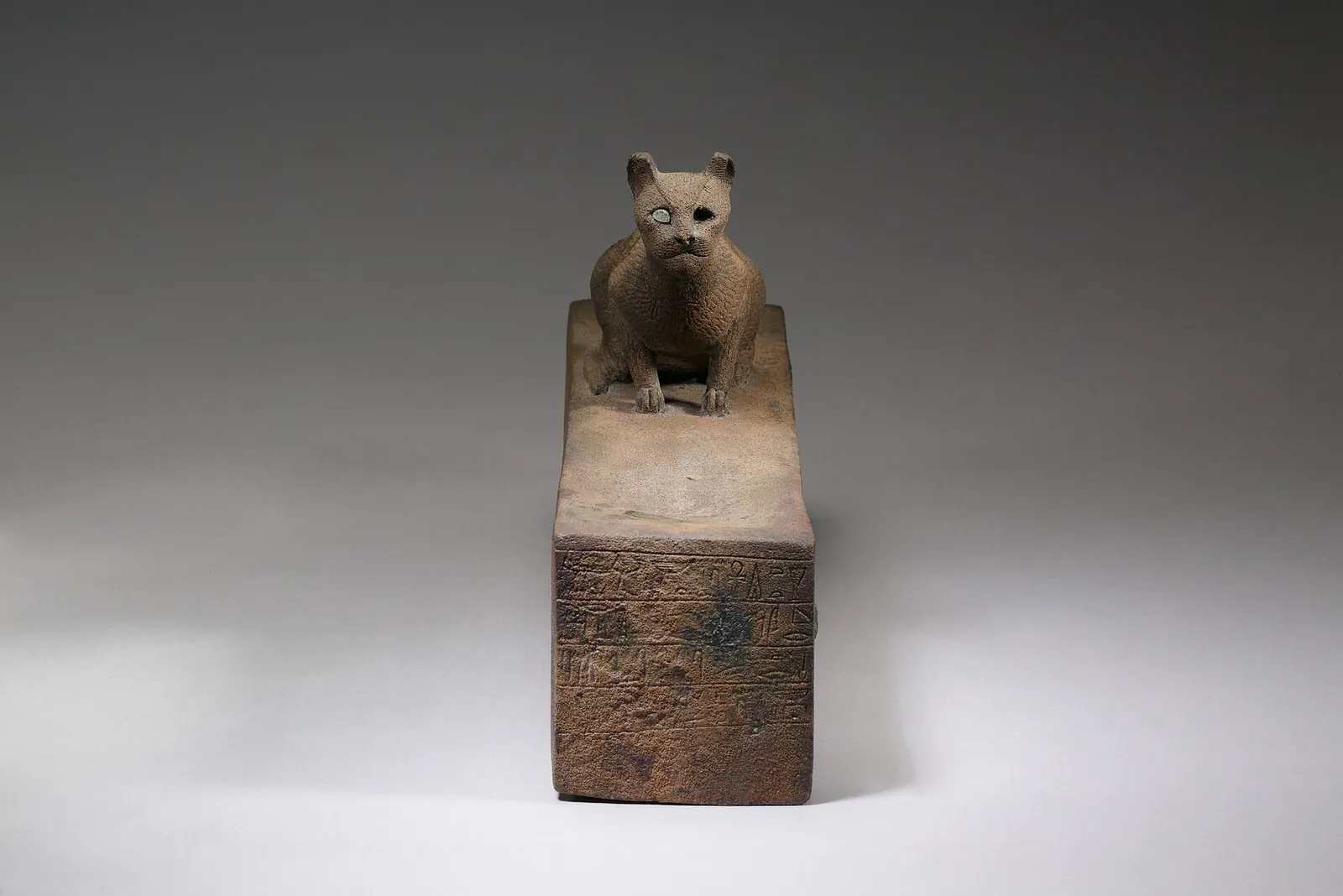 An Egyptian animal mummy box surmounted by a cat