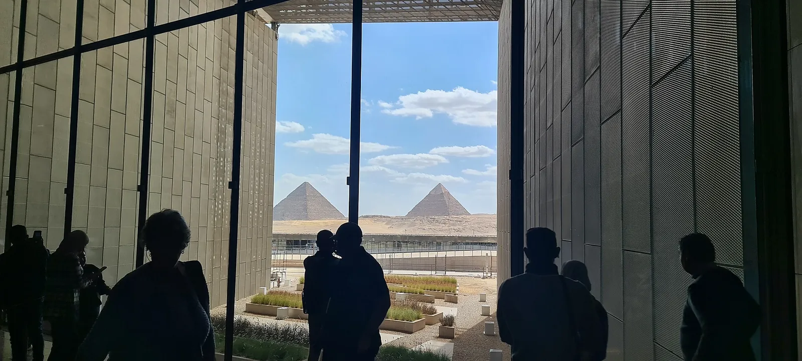 View of the Giza pyramids from the Grand Egyptian Museum